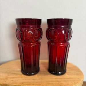 Wheaton Glass Bullseye Ruby Red 6.75" Tumbler Set of 2 Vintage Mid Century Glass